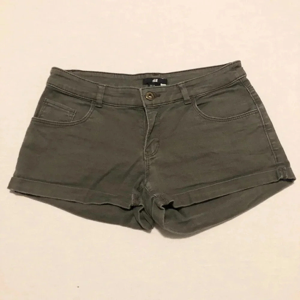 H&M  Cuffed Shorts Olive Green Denim Mid Rise Womens Size 4